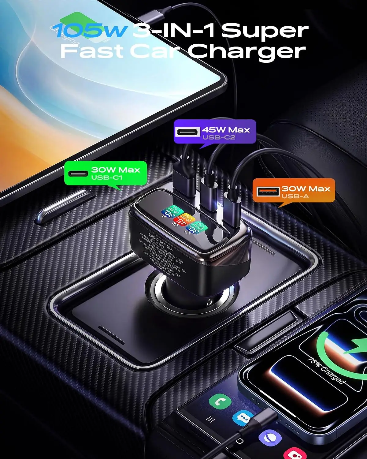105W USB-C autolader met digit - Car Accessories Gifts recensie en prijs
